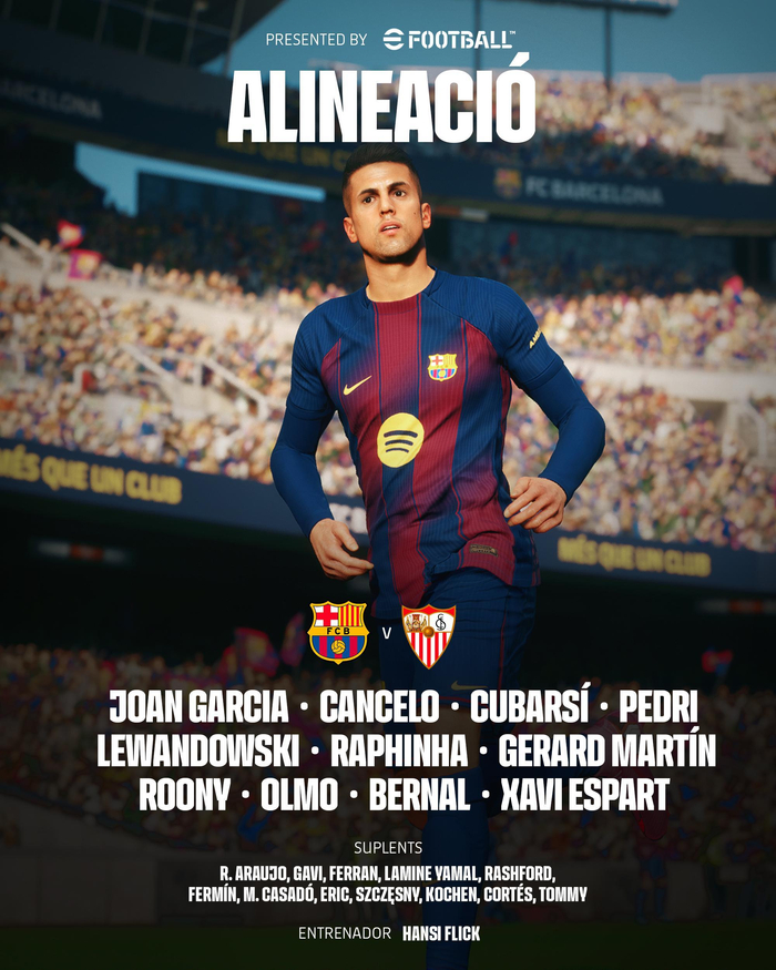 巴塞罗那公布对阵塞维利亚首发名单：莱万领衔